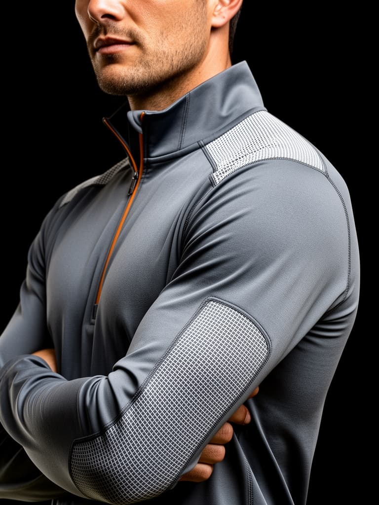 Range Layer construction-detail concept showing integrated thermal-zone placement across a shoulder and bent elbow